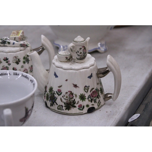 165 - TWO MINIATURE PORTMERION TEAPOTS TOGETHER WITH A HENDRICK'S GIN TEACUP AND SAUCER, CHARLES DICKENS C... 