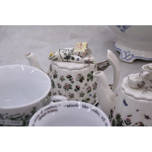 165 - TWO MINIATURE PORTMERION TEAPOTS TOGETHER WITH A HENDRICK'S GIN TEACUP AND SAUCER, CHARLES DICKENS C... 