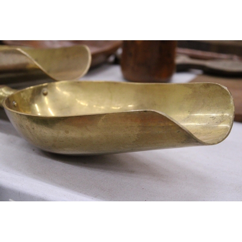 172 - THREE HEAVY BRASS GRAIN SCOOPS