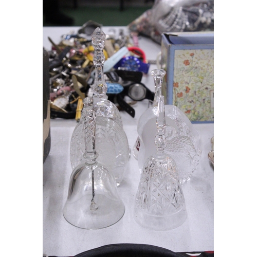 184 - FOUR GLASS BELLS AND TWO GLASS OWL PAPERWEIGHTS