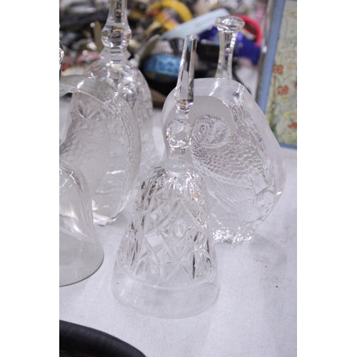 184 - FOUR GLASS BELLS AND TWO GLASS OWL PAPERWEIGHTS