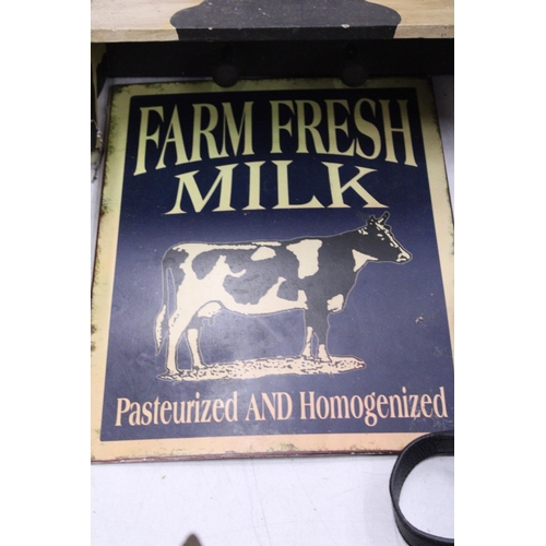 187 - A WOODEN SHELF IN THE SHAPE OF A COW PLUS A 'FARM FRESH MILK' SIGN