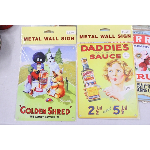 196 - EIGHT METAL ADVERTISING SIGNS TO INCLUDE, BISTO, GOLDEN SHRED, DADDIE'S SAUCE, ETC