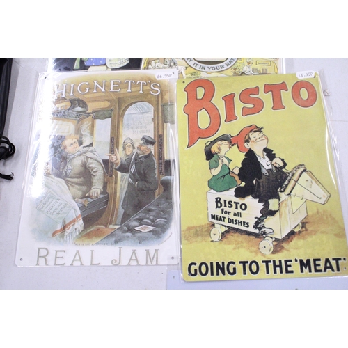 196 - EIGHT METAL ADVERTISING SIGNS TO INCLUDE, BISTO, GOLDEN SHRED, DADDIE'S SAUCE, ETC