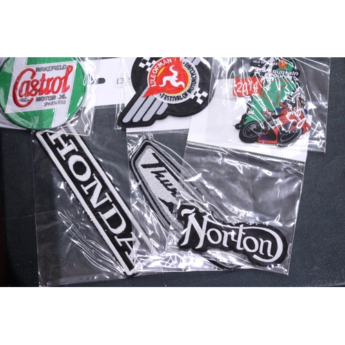 206 - TWENTY MOTORCYCLE SEW ON PATCHES TO INCLUDE KAWASAKI, HONDA, CASTROL, ETC