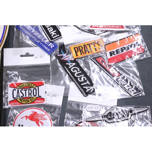 206 - TWENTY MOTORCYCLE SEW ON PATCHES TO INCLUDE KAWASAKI, HONDA, CASTROL, ETC