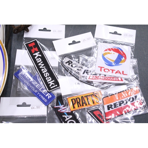 206 - TWENTY MOTORCYCLE SEW ON PATCHES TO INCLUDE KAWASAKI, HONDA, CASTROL, ETC