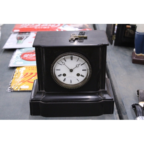 226 - AN L MARCHAND, PARIS, VINTAGE SLATE MANTLE CLOCK WITH KEY AND PENDULUM