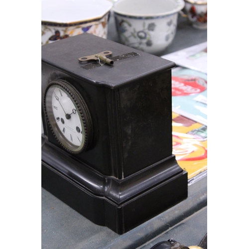 226 - AN L MARCHAND, PARIS, VINTAGE SLATE MANTLE CLOCK WITH KEY AND PENDULUM