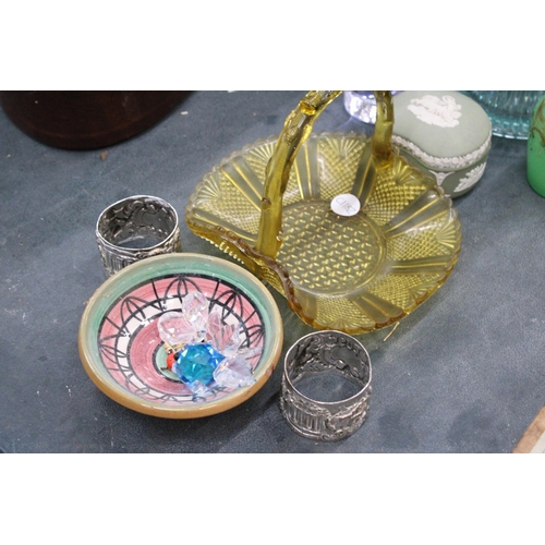 227 - A MIXED LOT TO INCLUDE A COALPORT JUG, CONDIMENT JARS, A PAIR OF NAPKIN RINGS WITH CHERUB DESIGN, SC... 