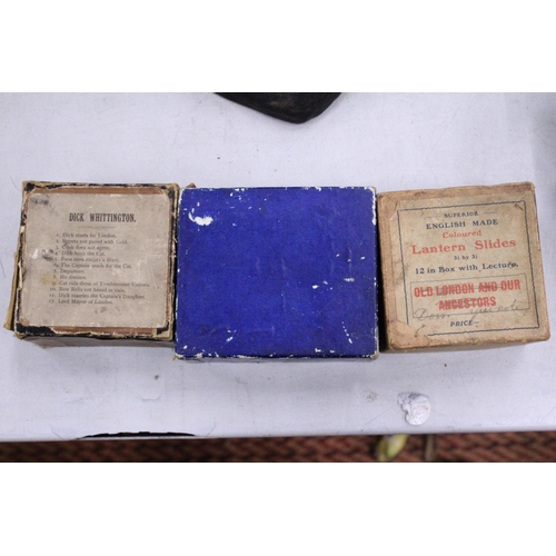 230 - THREE BOXES OF COLOURED LANTERN SLIDES TO INCLUDE TWO RELATING TO LONDON AND DICK WHITTINGTON