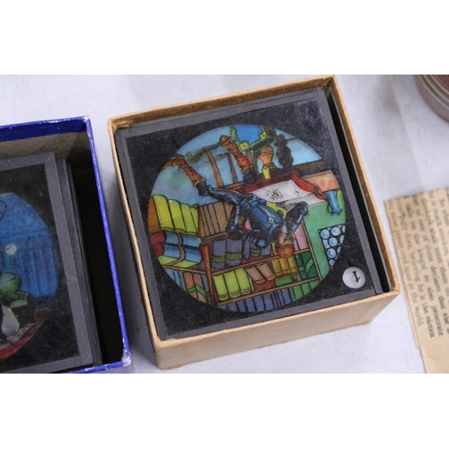 230 - THREE BOXES OF COLOURED LANTERN SLIDES TO INCLUDE TWO RELATING TO LONDON AND DICK WHITTINGTON