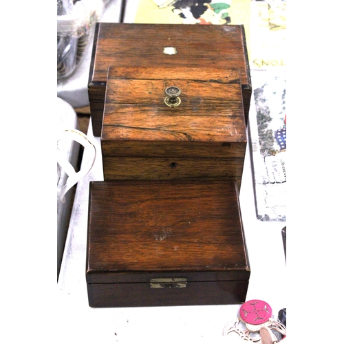 242 - TWO MAHOGANY SEWING BOXES PLUS A MAHOGANY TEA CADDY