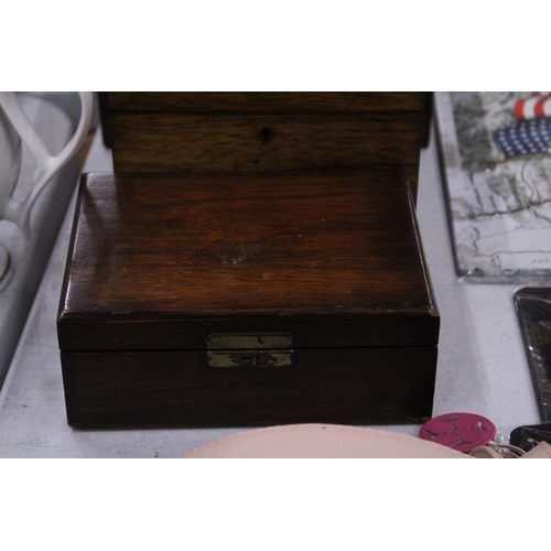 242 - TWO MAHOGANY SEWING BOXES PLUS A MAHOGANY TEA CADDY