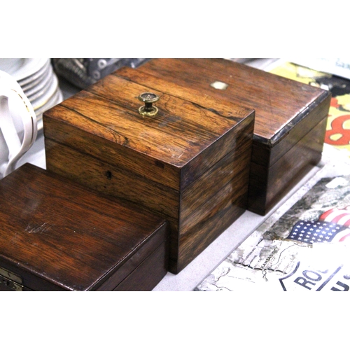 242 - TWO MAHOGANY SEWING BOXES PLUS A MAHOGANY TEA CADDY