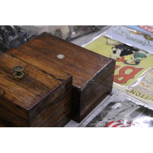 242 - TWO MAHOGANY SEWING BOXES PLUS A MAHOGANY TEA CADDY