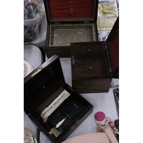 242 - TWO MAHOGANY SEWING BOXES PLUS A MAHOGANY TEA CADDY