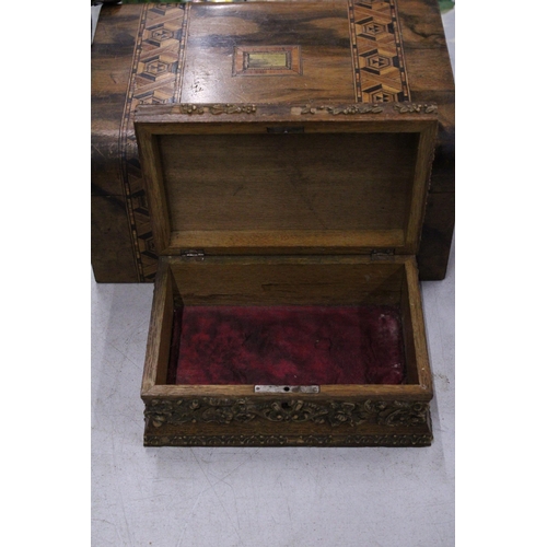 242 - TWO MAHOGANY SEWING BOXES PLUS A MAHOGANY TEA CADDY