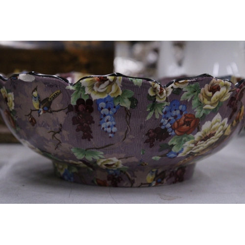 244 - TWO VINTAGE BOWLS TO INCLUDE A JORDAN OCTAGONAL BOWL WITH FLORAL DECORATION AND METAL STAND AND A CR... 