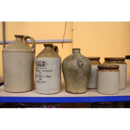 253 - SIX STONEWARE JARS AND FLAGONS