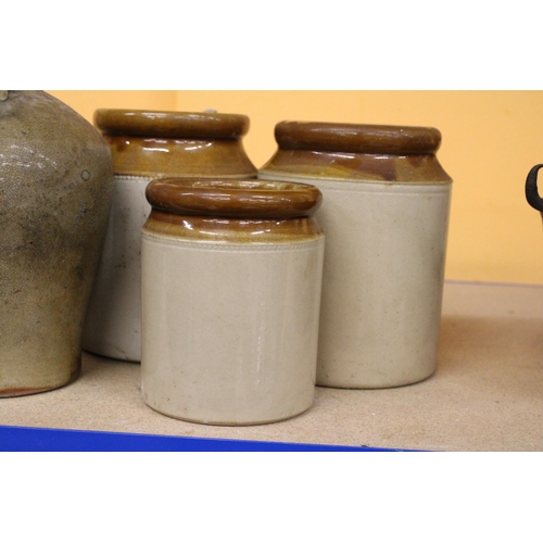 253 - SIX STONEWARE JARS AND FLAGONS