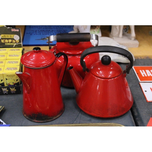 290 - THREE VINTAGE RED ENAMEL ITEMS TO INCLUDE A COFFEE POT AND TWO KETTLES