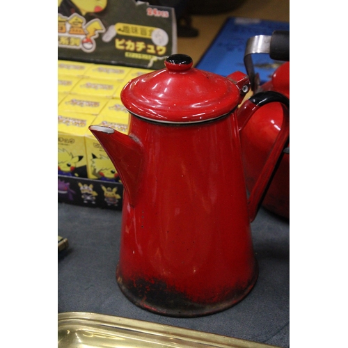 290 - THREE VINTAGE RED ENAMEL ITEMS TO INCLUDE A COFFEE POT AND TWO KETTLES