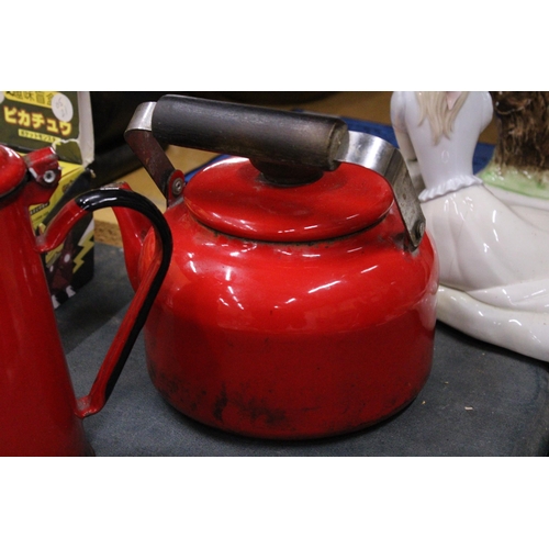 290 - THREE VINTAGE RED ENAMEL ITEMS TO INCLUDE A COFFEE POT AND TWO KETTLES