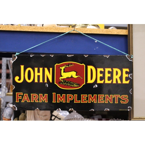 805 - A METAL JOHN DEERE FARM IMPLEMENTS SALE, 45CM X 21CM