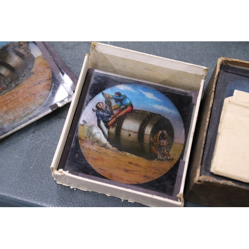 299 - TWO BOXES OF MAGIC LANTERN SLIDES - 'THE TIGER AND THE TUB' AND 'THE LAND OF THE PIGTAIL'