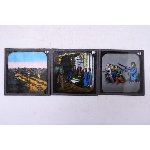 299 - TWO BOXES OF MAGIC LANTERN SLIDES - 'THE TIGER AND THE TUB' AND 'THE LAND OF THE PIGTAIL'