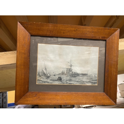 1205 - A VINTAGE PRINT OF A ROYAL NAVY BATTLE SHIP