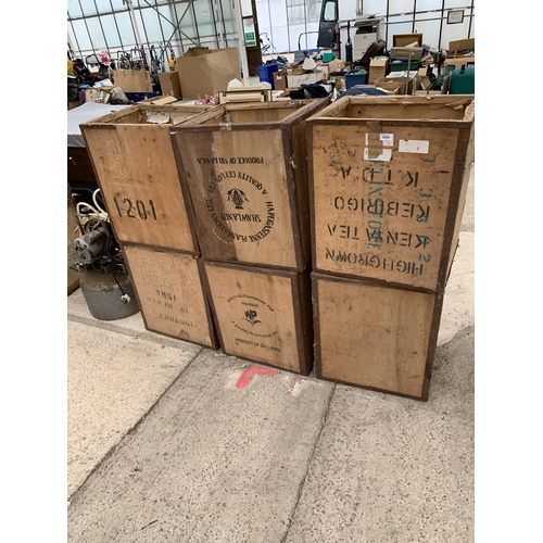 SIX VINTAGE WOODEN TEA CHESTS