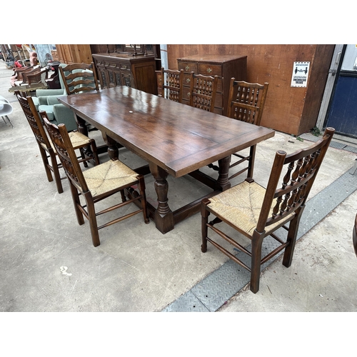 3111 - AN OAK JACOBEAN STYLE SIX LEG REFECTORY DINING TABLE 96