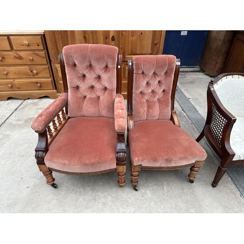 3116 - A VICOTRIAN MAHOGANY LADIES AND GENTLEMANS LOUNGE CHAIRS