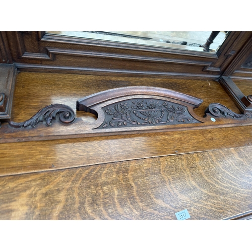 3117 - A VICTORIAN OAK MIRROR BACK SIDEBOARD WITH THREE FRIEZE DRAWERS AND FOUR CARVED PANEL DOORS TO BASE ... 