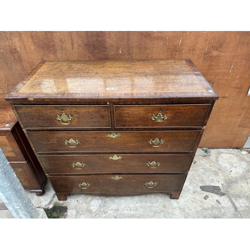 3119 - AN 18TH CENTURY OAK AND CROSS BANDED CHEST OF TWO SHORT AND THREE LONG GRADUATED DRAWERS 40.5