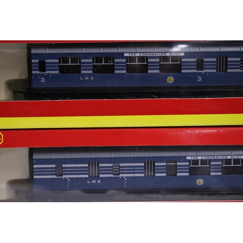 317 - FOUR HORNBY OO GAUGE COACHES TO INCLUDE, TWO LMS (CORONATION) 1ST COACHES NO R4128A, AND TWO LMS (CO... 