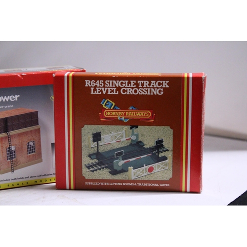 320 - FOUR HORNBY OO GAUGE MODELS TO INCLUDE A SIGNAL BOX NO. R8005, A WATER TOWER NO. R8003, A JUNCTION H... 