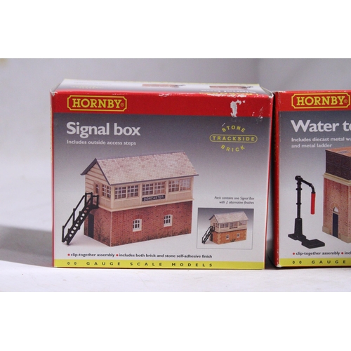 320 - FOUR HORNBY OO GAUGE MODELS TO INCLUDE A SIGNAL BOX NO. R8005, A WATER TOWER NO. R8003, A JUNCTION H... 