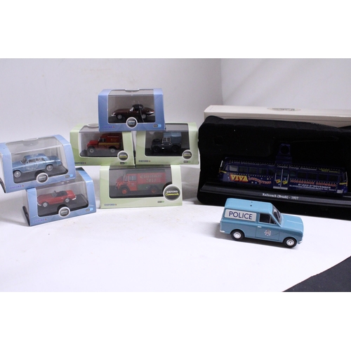 373 - SEVEN BOXED OXFORD DIE-CAST MODEL CARS PLUS ONE BOXED ATLAS BLACKPOOL TRAM