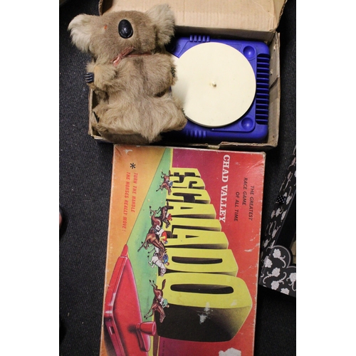 375 - A VINTAGE BOXED CHAD VALLEY ESCALADO HORSE RACING GAME, A BOXED VINTAGE LUMAR TOY GRAMOPHONE AND A V... 