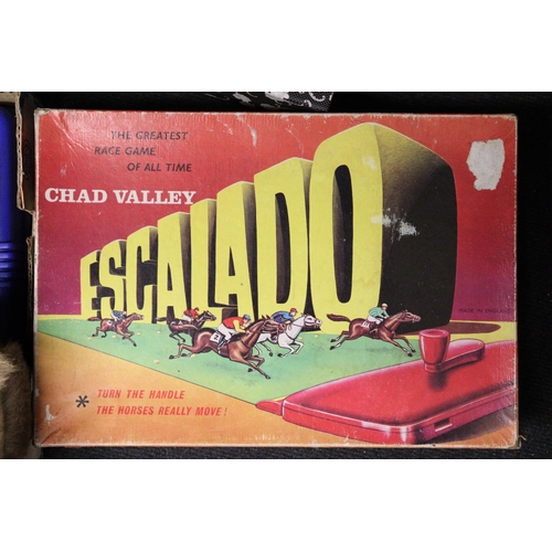 375 - A VINTAGE BOXED CHAD VALLEY ESCALADO HORSE RACING GAME, A BOXED VINTAGE LUMAR TOY GRAMOPHONE AND A V... 