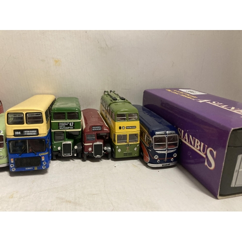 386 - ELEVEN DIE-CAST MODELS OF BUSES TO INCLUDE A BOXED BRIT BUS (QUEEN ELIZABETH II SILVER JUBILEE), COR... 