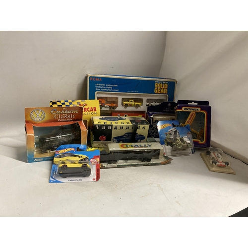 398 - TEN BOXED DIE-CAST VEHICLES TO INCLUDE CORGI, VANGUARDS, HOT WHEELS, ETC