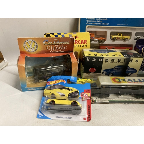 398 - TEN BOXED DIE-CAST VEHICLES TO INCLUDE CORGI, VANGUARDS, HOT WHEELS, ETC