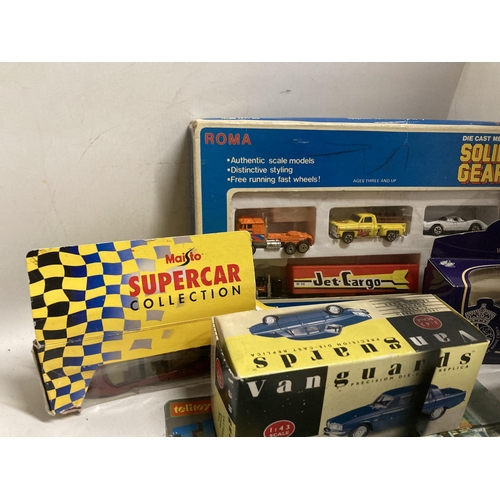 398 - TEN BOXED DIE-CAST VEHICLES TO INCLUDE CORGI, VANGUARDS, HOT WHEELS, ETC