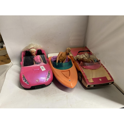 401 - TWO BARBIE CARS AND A BARBIE SPEEDBOAT PLUS THREE DOLLS