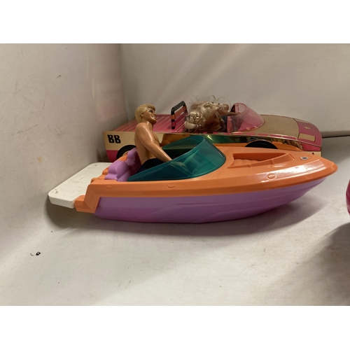 401 - TWO BARBIE CARS AND A BARBIE SPEEDBOAT PLUS THREE DOLLS