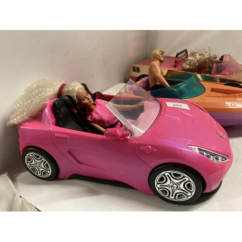 401 - TWO BARBIE CARS AND A BARBIE SPEEDBOAT PLUS THREE DOLLS